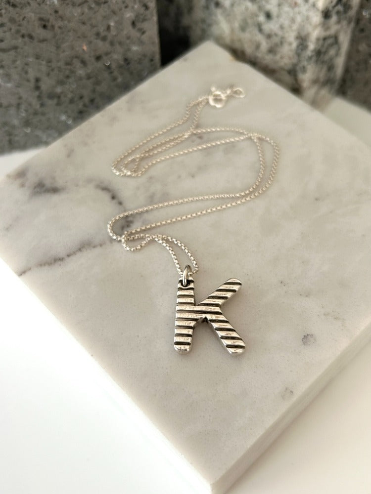 Silver Initial Textured Necklace-STRIPES