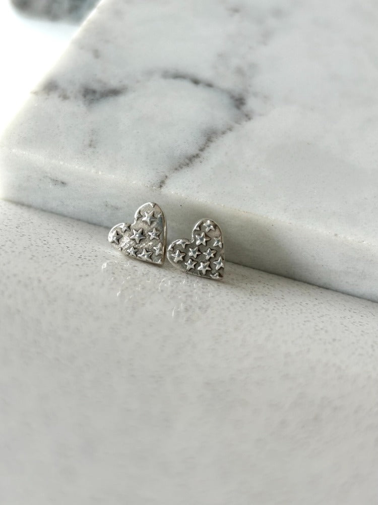 Silver Heart Patterned Stud Earrings