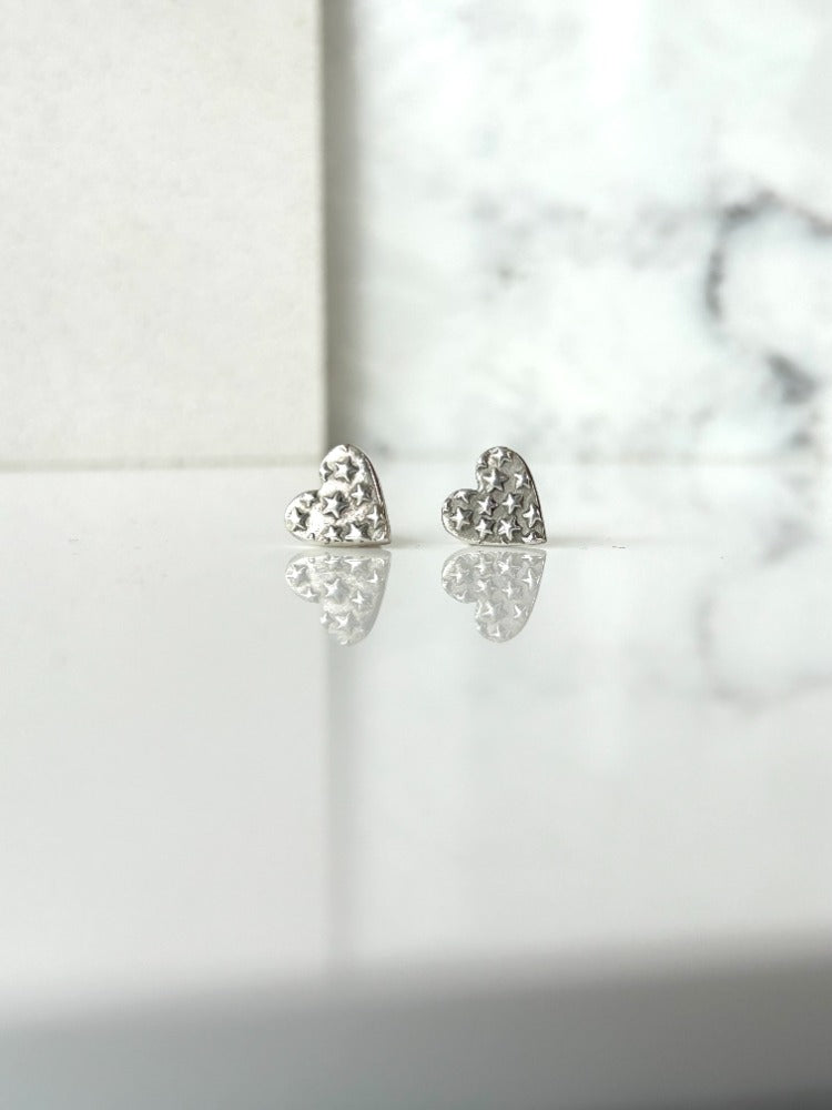 Silver Heart Patterned Stud Earrings