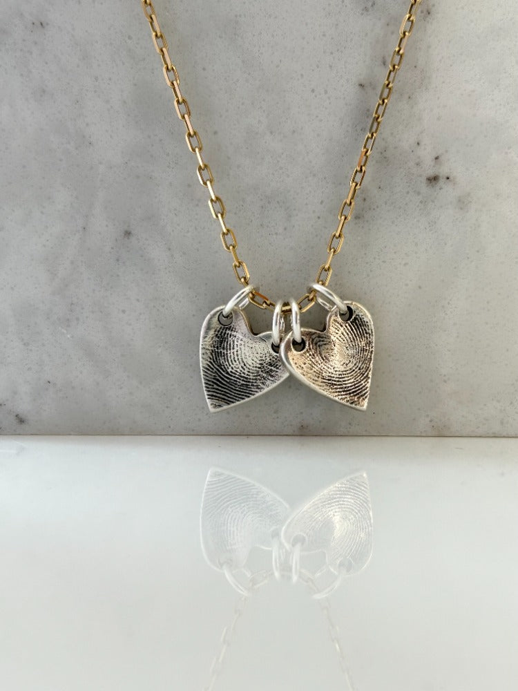 Silver Mini Heart Fingerprint Necklace-double pendant